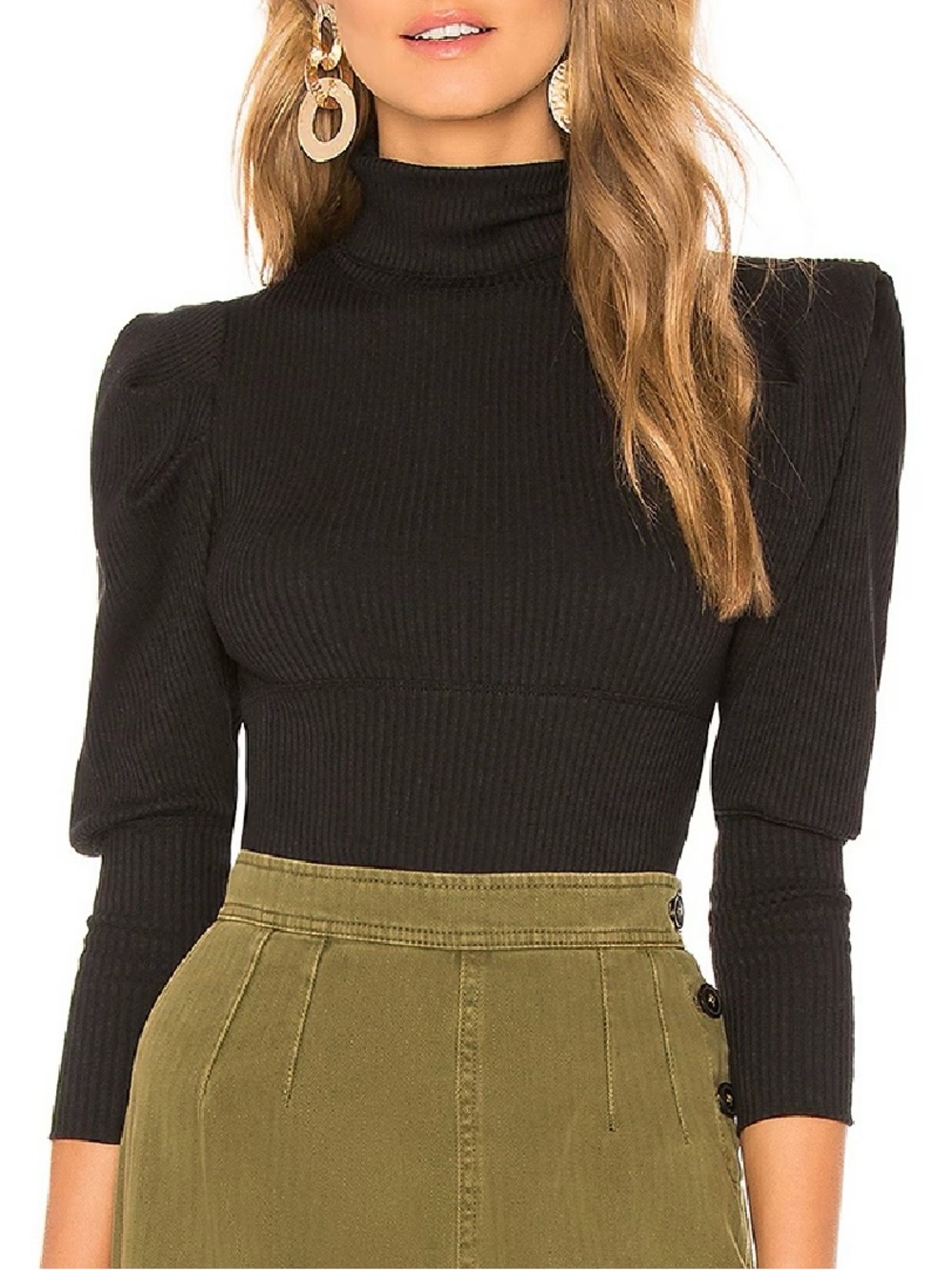 Free People Puff-Sleeve Mock Neck Ribbed Sweater - Black